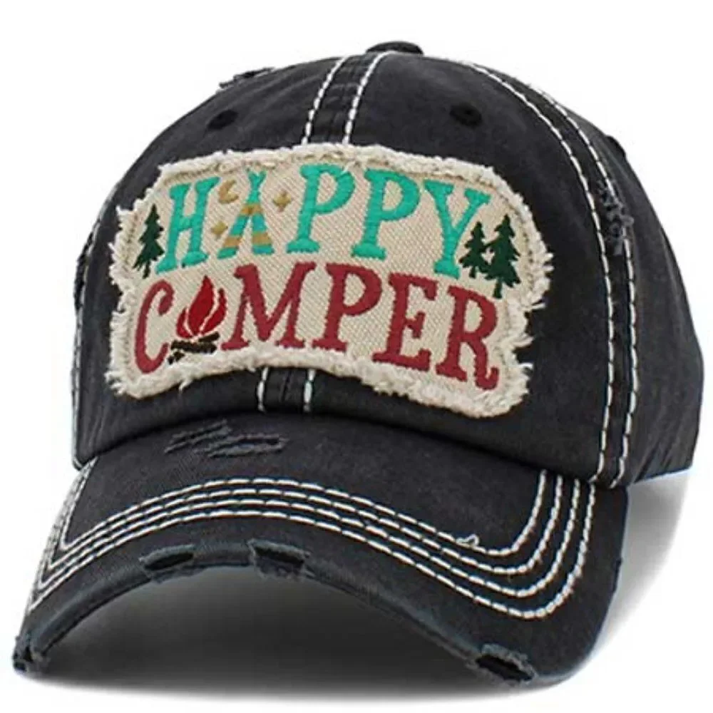 Ladies Black Happy Camper Baseball Hat